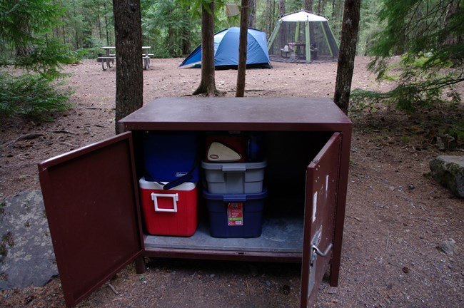 Open food storage locker with cooler inside