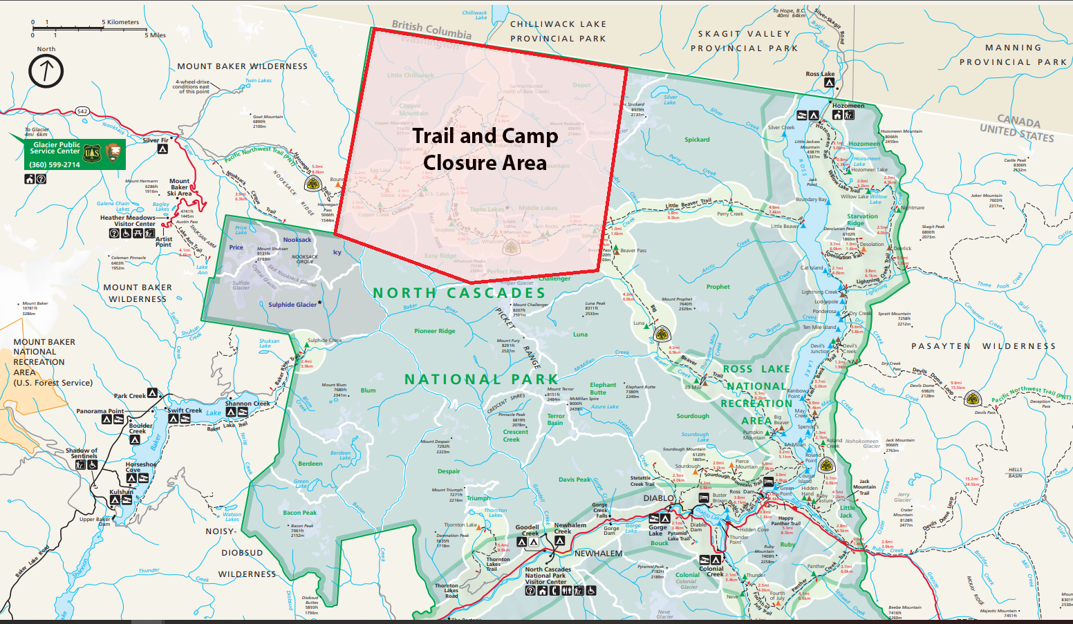 Park map showing trail and camp closure due to fire