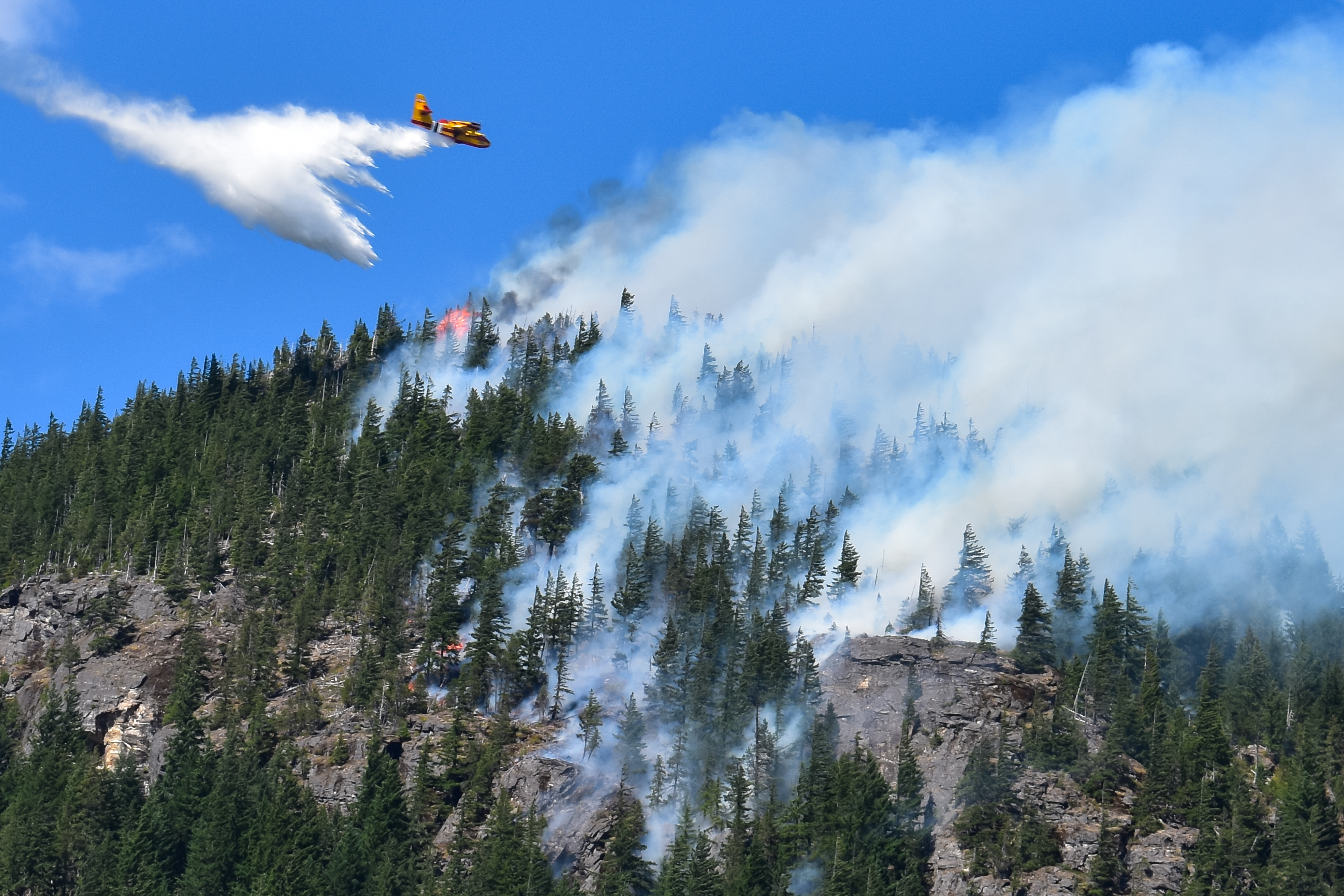 Airplane drops water on a mountain with smoke.