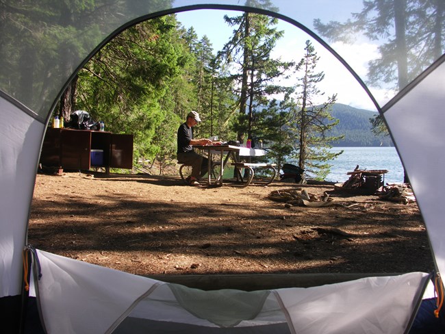 View from tent to picnic table