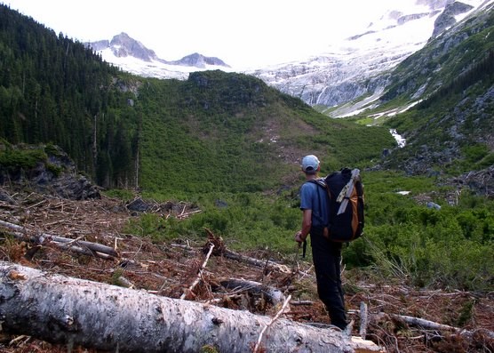 Climber standing in avalanche path, looking toward route up a distant peak.