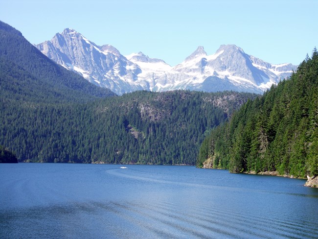 Boat on lake with mountain view