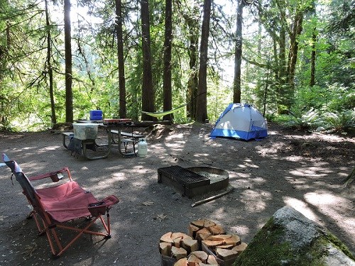 A campsite and picnic table.