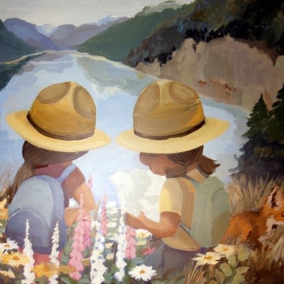 Painting of two junior rangers by a lake.