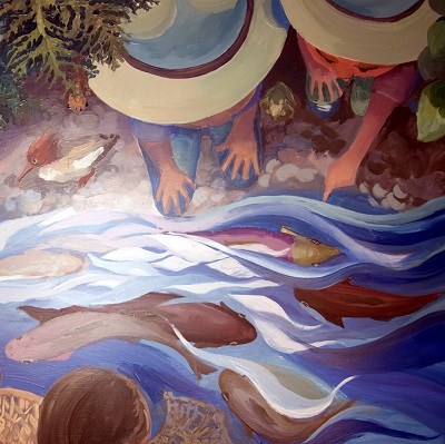 Painting of junior rangers looking in a stream.