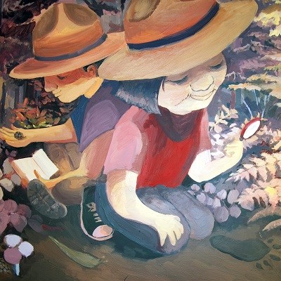 Painting of junior rangers on a trail.