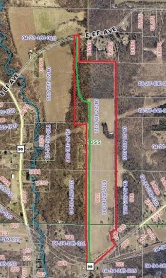 Map of area south of E Ef Ave denoted with a long skinny rectangle.
