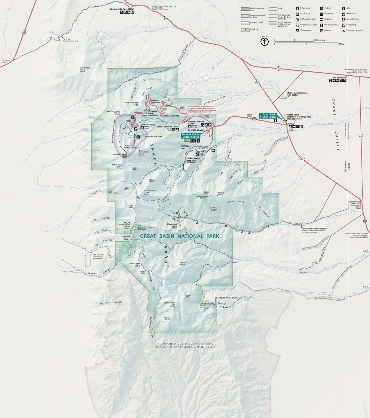 Map of Great Basin National Park in Nevada. The park is shaded in light green with the surrounding terrain in beige. Highways are represented by red lines, and the Nevada-Utah border is denoted by a white line.