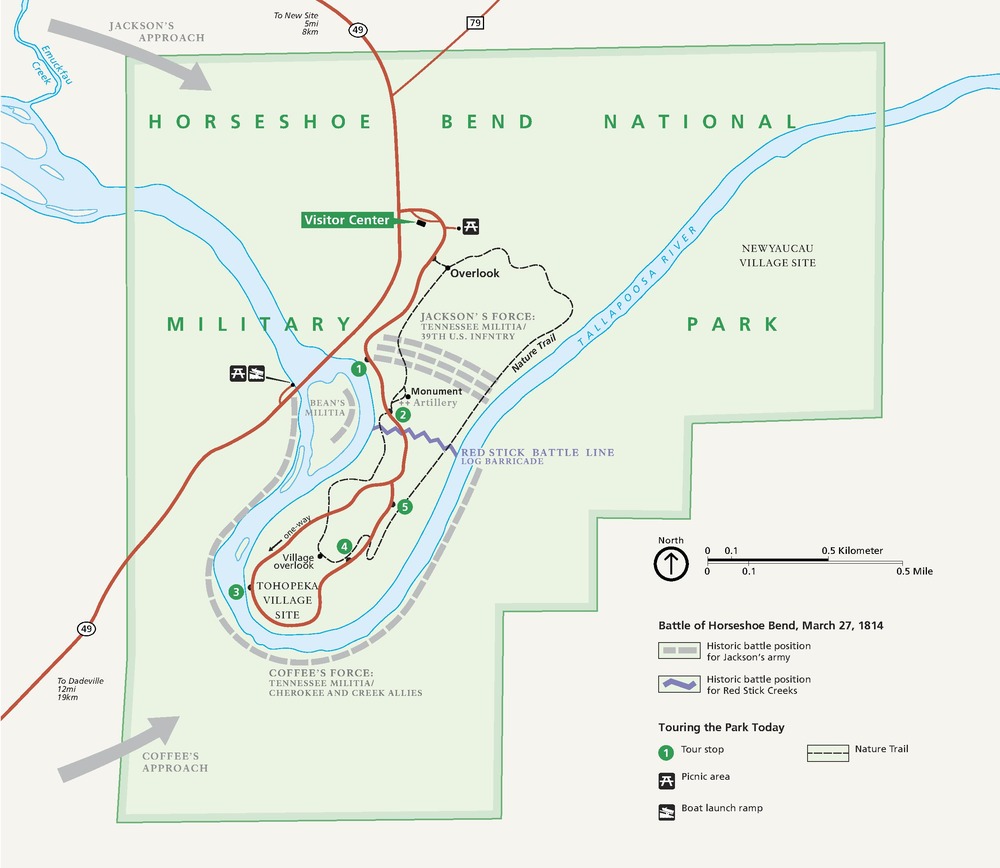 Map of Horseshoe Bend National Military Park in Alabama. The park, shown in green, is mostly square but with a stepped border cutting into the square in the lower right corner. The Tallapoosa River curves through the park with a hairpin bend in the southwest corner.