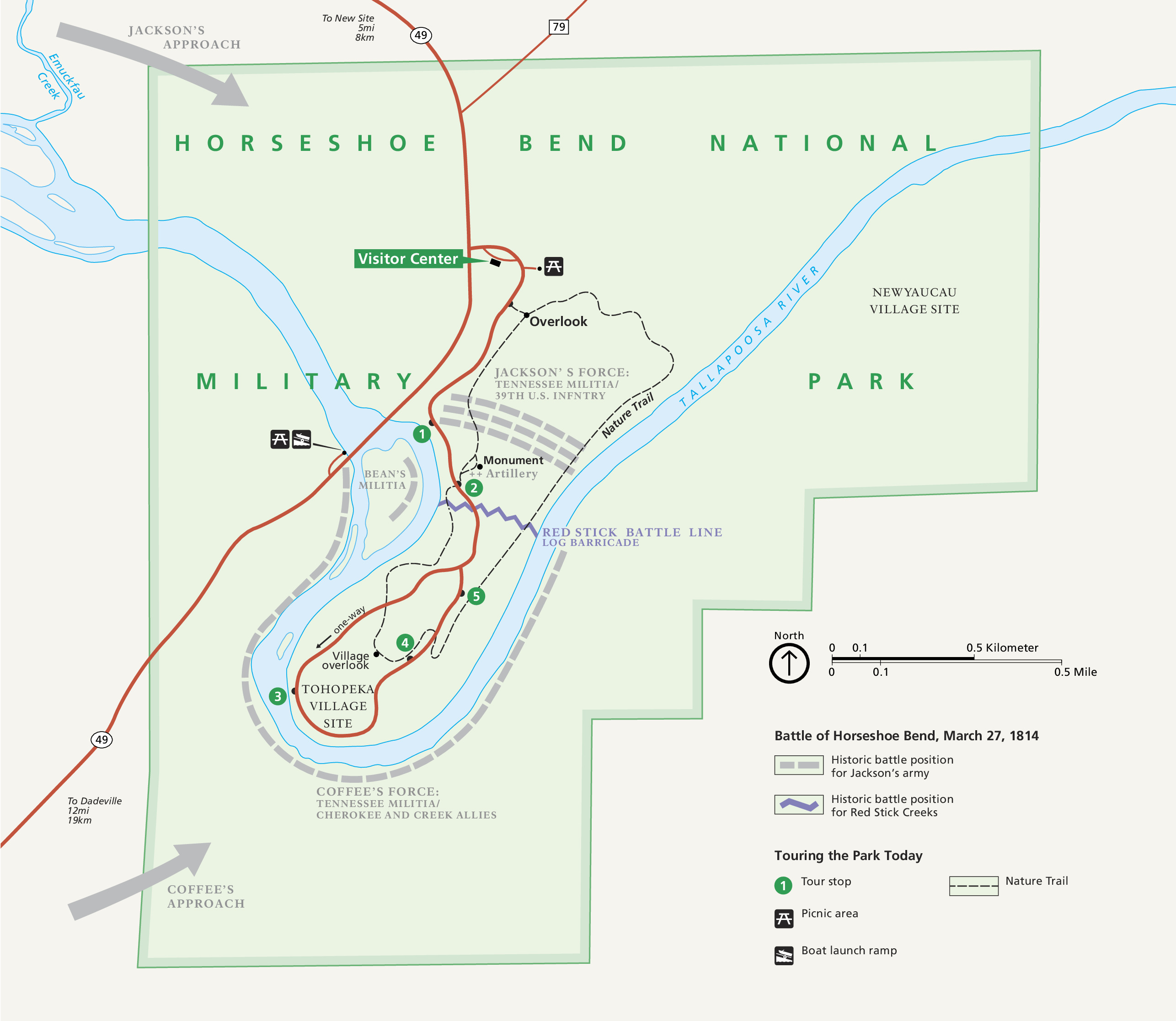 Map of Horseshoe Bend National Military Park in Alabama. The park, shown in green, is mostly square but with a stepped border cutting into the square in the lower right corner. The Tallapoosa River curves through the park with a hairpin bend in the southwest corner.
