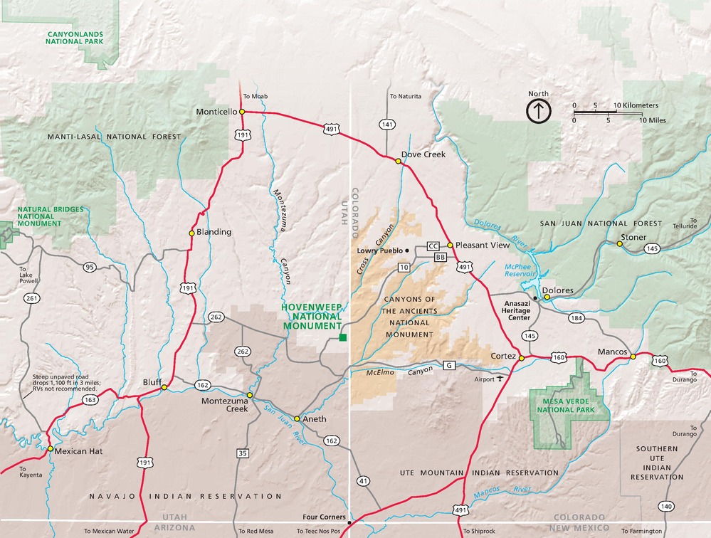 Map of Hovenweep National Monument in Utah. National Park forests are shown in green on this topographical map, surrounding terrain in beige, and Indian reservations in brown.