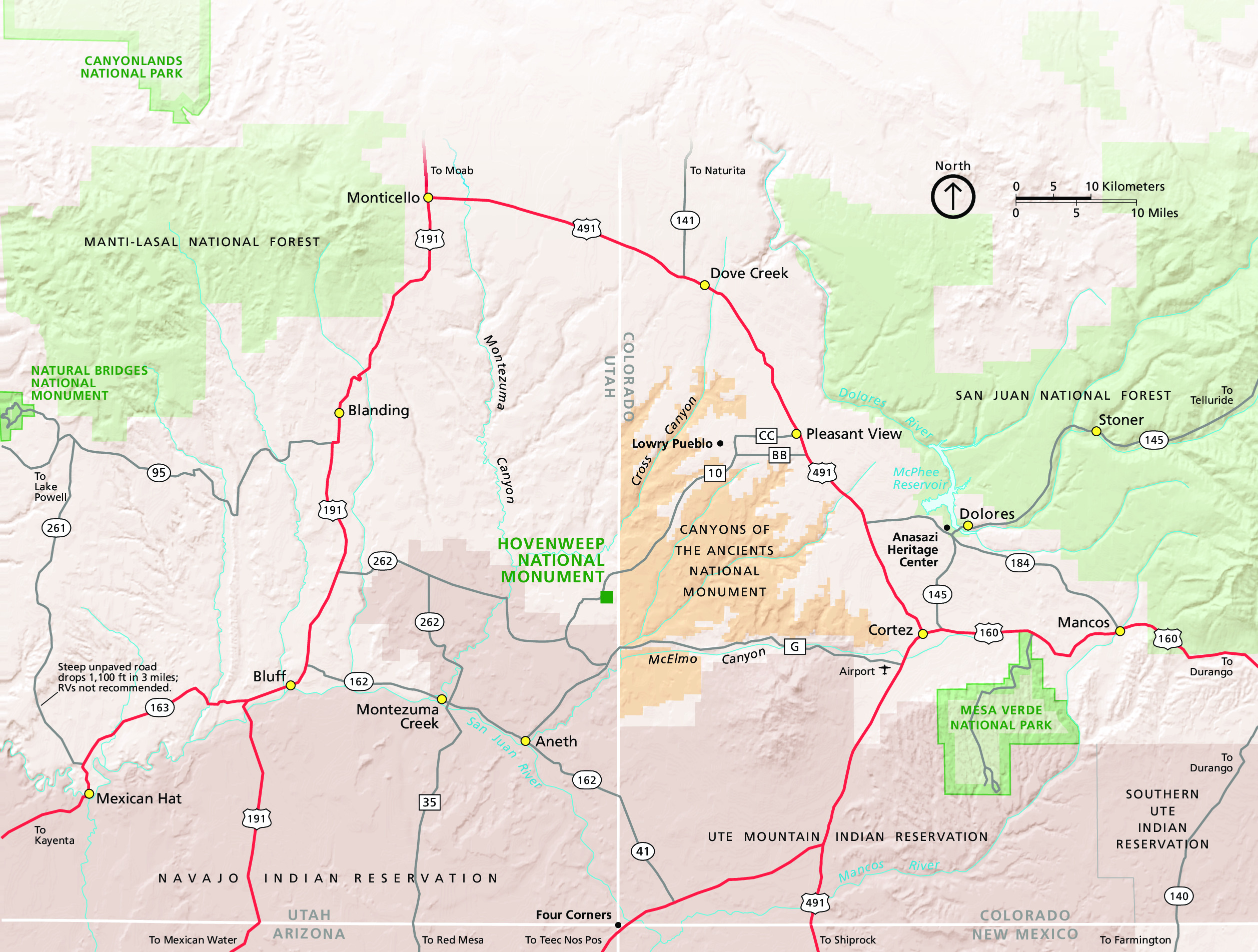 Map of Hovenweep National Monument in Utah. National Park forests are shown in green on this topographical map, surrounding terrain in beige, and Indian reservations in brown.