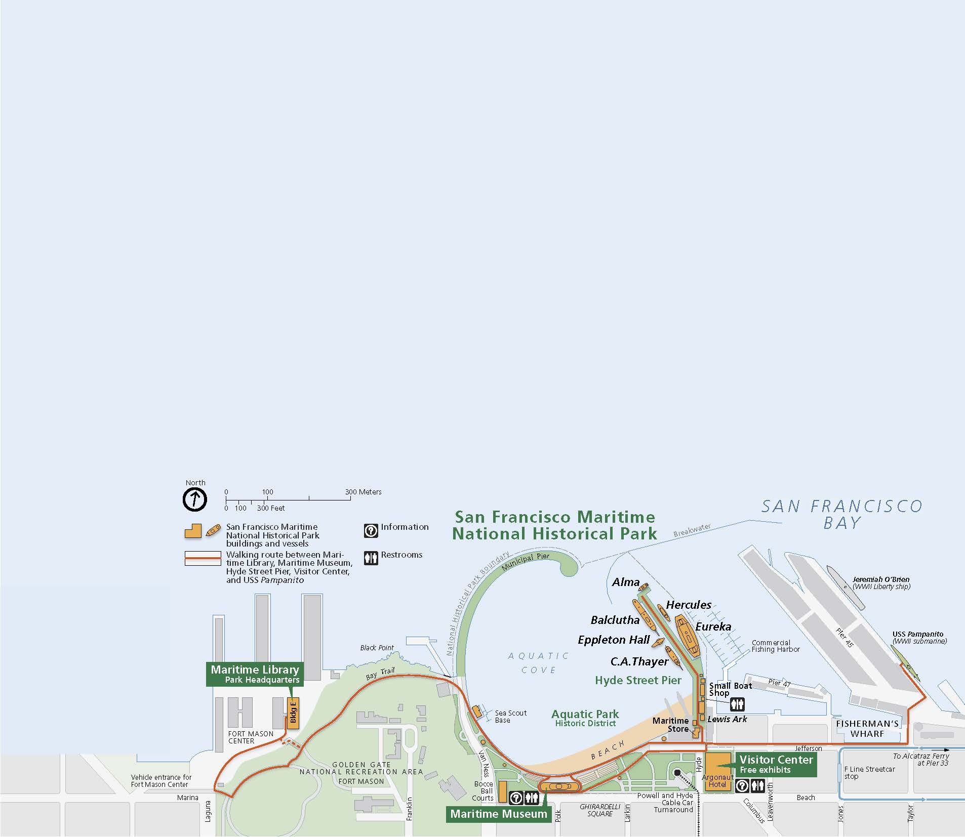 Map of San Francisco Maritime National Historical Park in California. The Municipal Pier curls like an emerging leaf around Aquatic Cove and into the blue San Francisco Bay, which fills the top two-thirds of this map. Piers, a museum, library, visitor center, and other sites cluster along the shoreline.