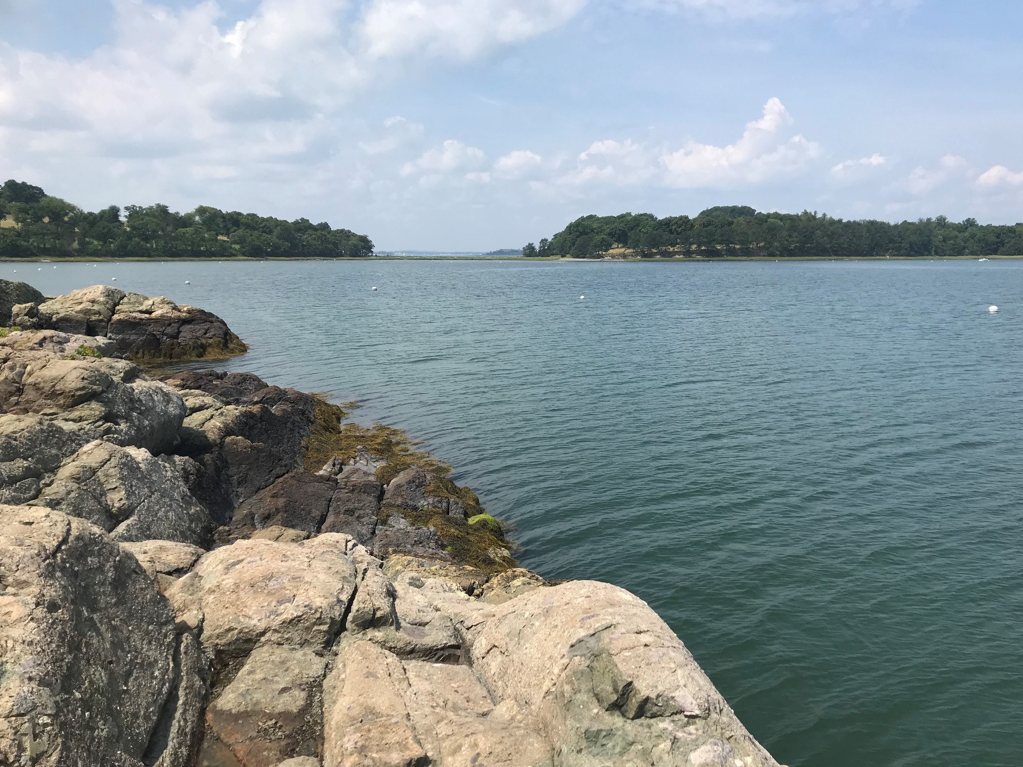 A photo of the two drumlins of World’s End, which are connected by a low-laying tombolo. The foreground of the photo is Rocky Neck, another part of World’s End. It is very rocky, and there is some algae where the rocks meet the water. Saltwater fills the space between Rocky Neck and the main part of World’s End, and there are a few moorings.   