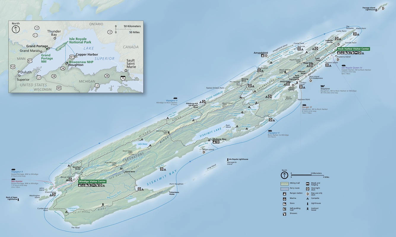 Map of Isle Royale National Park in Lake Superior in Michigan. The terrain of the long, thin island is shown in shades of green and the surrounding water in blue.