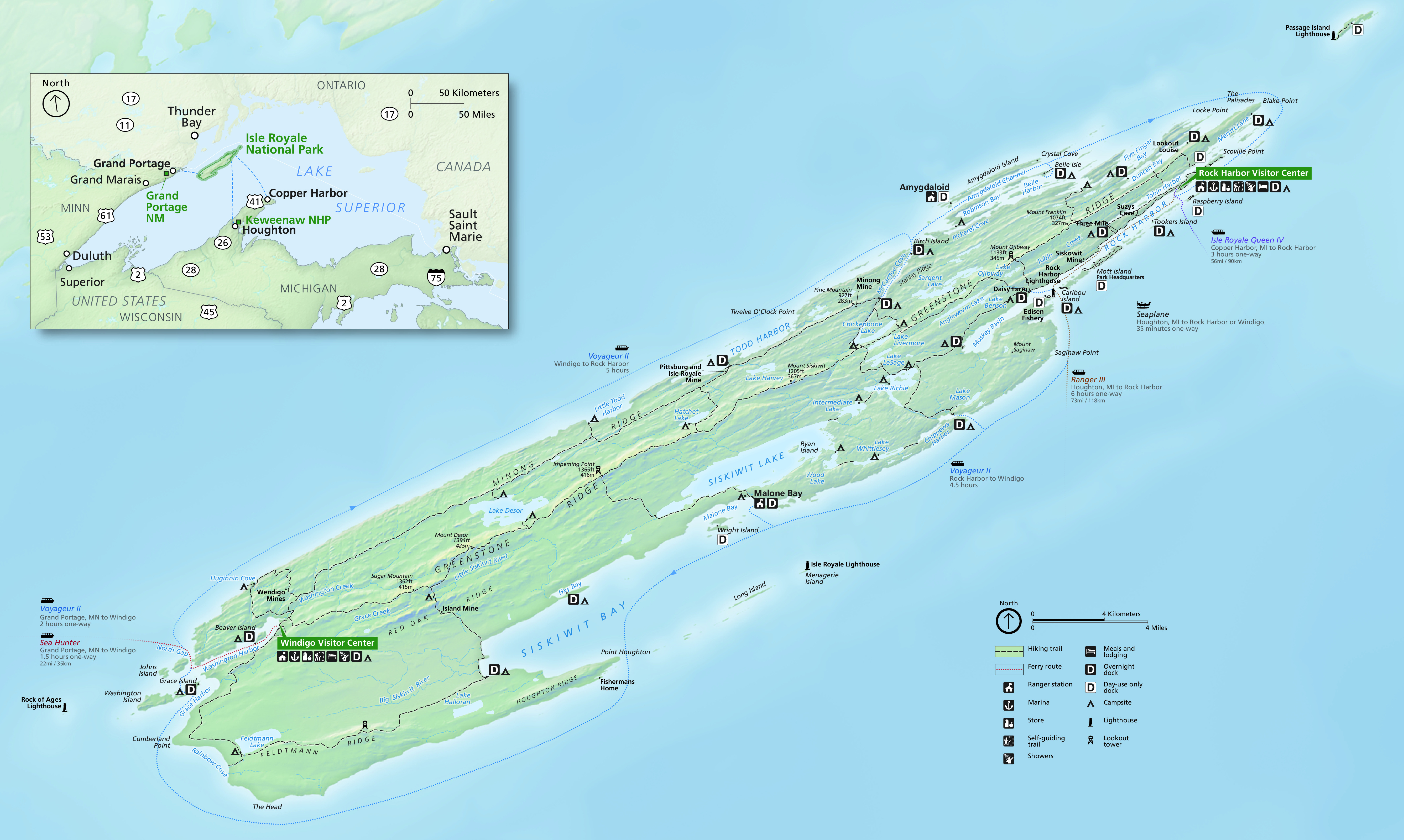 Map of Isle Royale National Park in Lake Superior in Michigan. The terrain of the long, thin island is shown in shades of green and the surrounding water in blue.