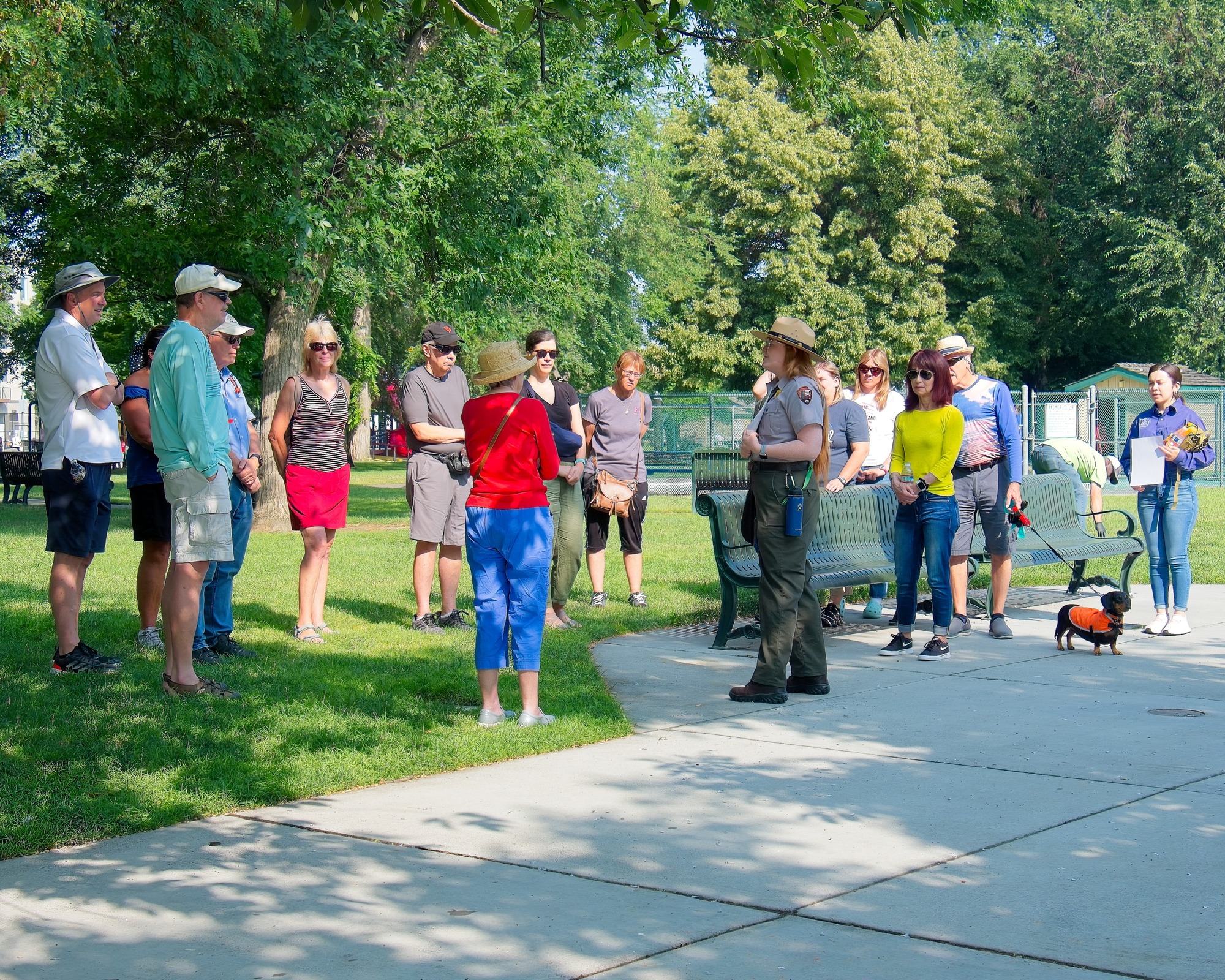 A woman wearing a campgain hat, gray shirt, and green pants speaks  to a group standing on sunlit grass with trees.