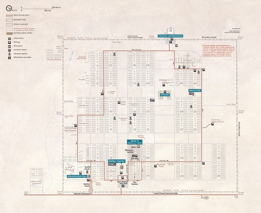 Tour map of Manzanar National Historic Site in California. Thirty-six blocks of buildings are separated into ten sections, which are all surrounded by a barbed wire fence and Guard Towers along each long side and at each corner. 