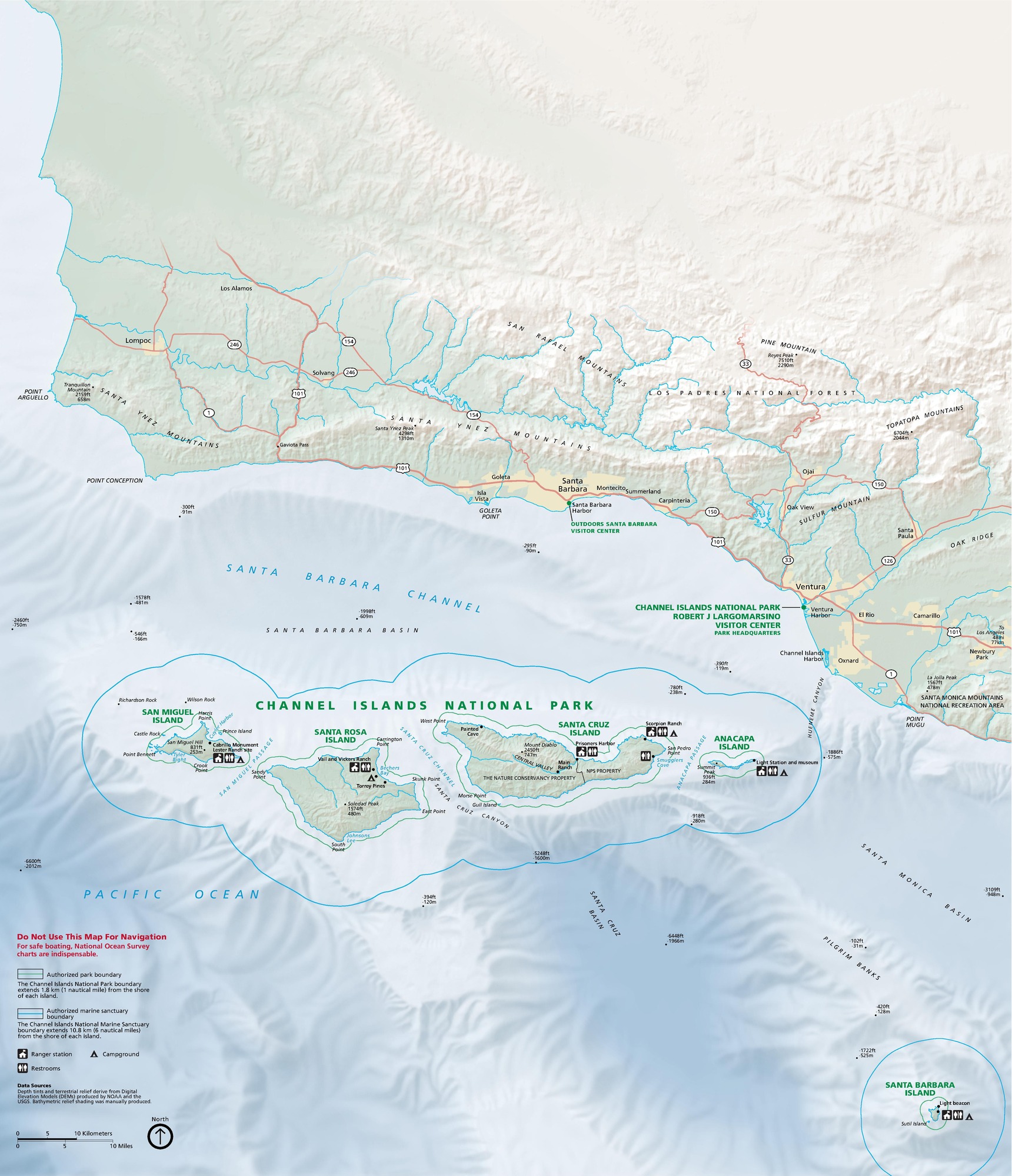 Map of Channel Islands National Park, a series of five islands flanked to the north by Santa Barbara Channel and the Pacific Ocean to the south. A strip of continental California takes up almost the top half of the map. The islands and coastal areas are green. The water is blue shaded to indicate underwater terrain.