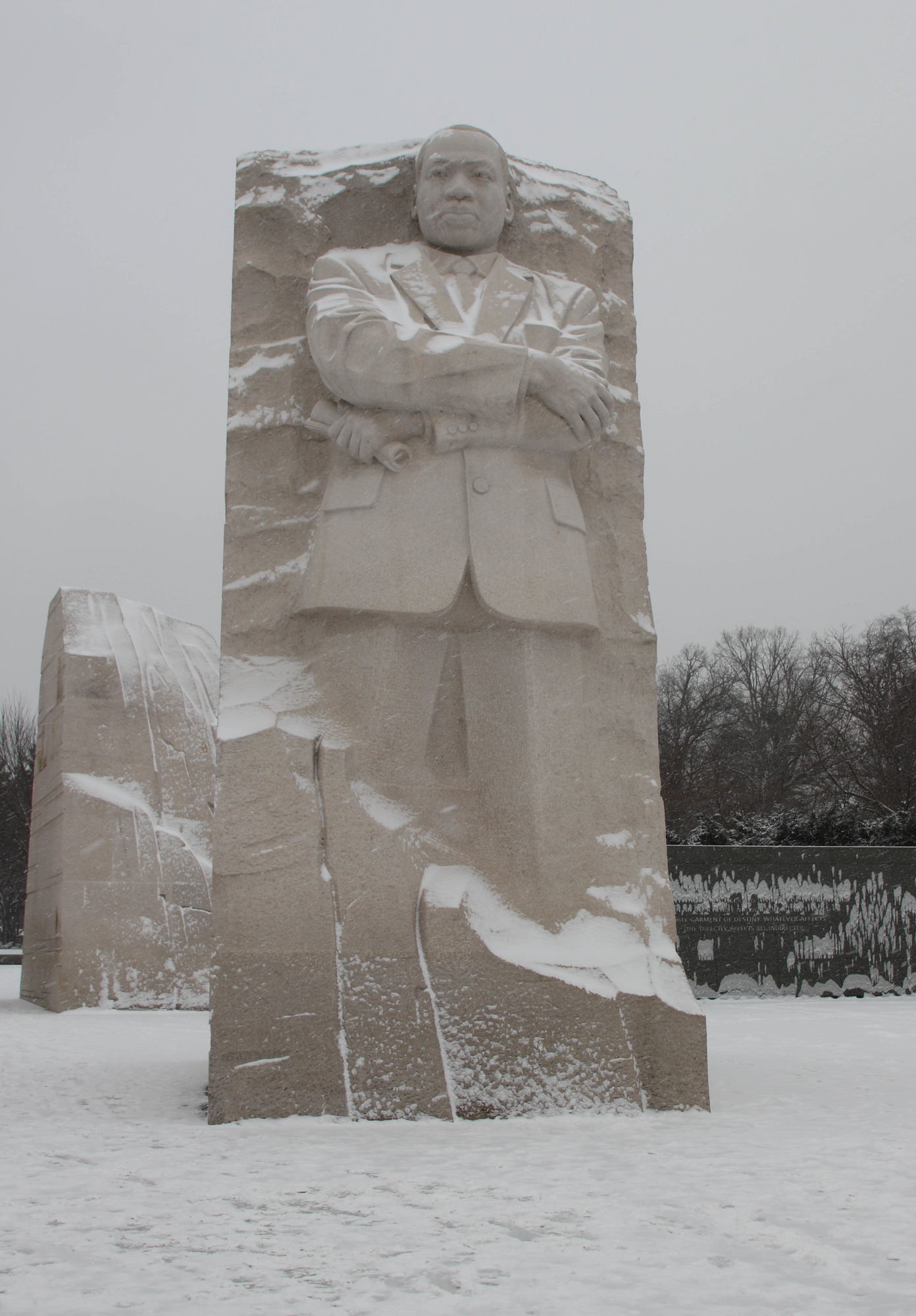 Statue of Martin Luther King, Jr. with a light snow-covering
