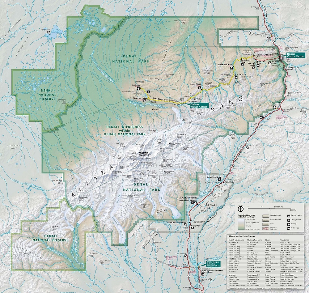 Map of Denali National Park and Preserve in Alaska. The park and two areas of the preserve are outlined in green against the eggshell-white and taupe mountain ridges and green lowland terrain.