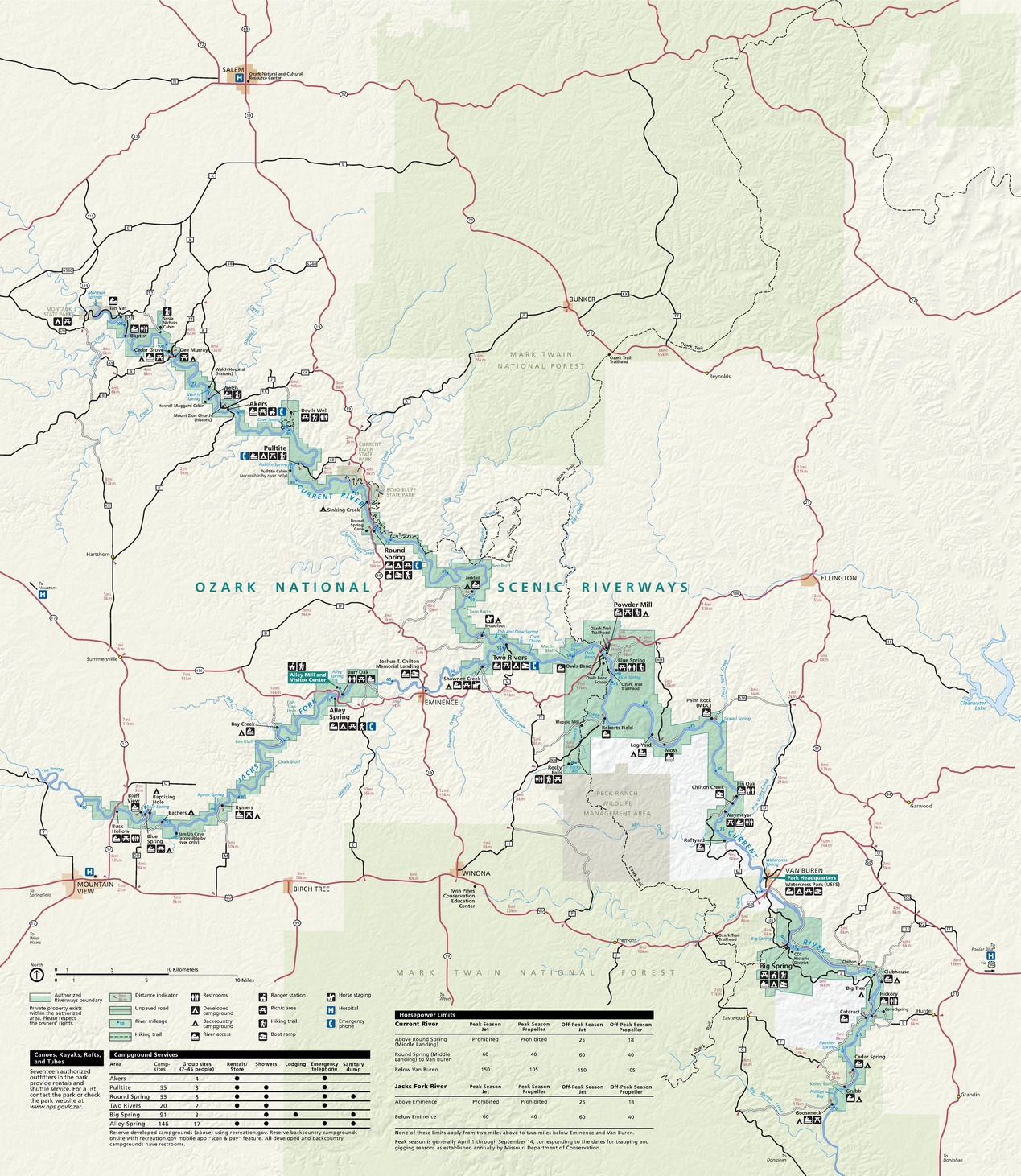 Map of Ozark National Scenic Riverways in Missouri. The riverways are highlighted in green and form a sideways Y with the opening to the left. The rest of the map is tan or pale green, and major highways are represented by red lines.