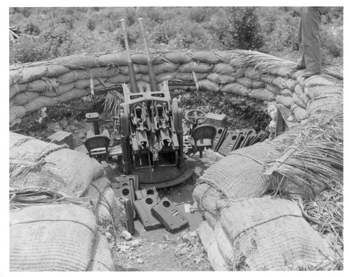 Large double-barreled gun with gunner seats on either side sits in a bunker made of sandbags.