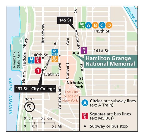 Area map of the Hamilton Grange National Memorial in New York. The memorial is marked by a black square near the center of the map in a green area that represents St. Nicholas Park. Around it, city streets are white against a beige background. The Hudson River is shown as blue along the left edge of the map.