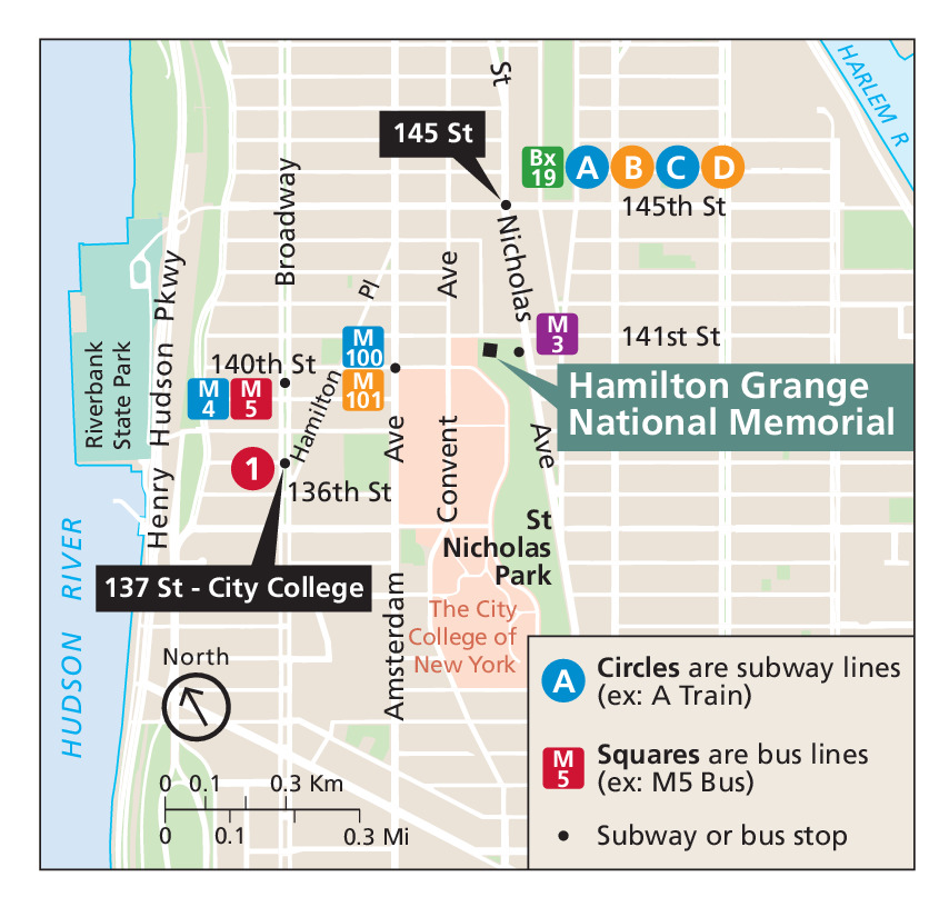 Area map of the Hamilton Grange National Memorial in New York. The memorial is marked by a black square near the center of the map in a green area that represents St. Nicholas Park. Around it, city streets are white against a beige background. The Hudson River is shown as blue along the left edge of the map.
