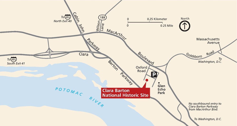 Map of Clara Barton National Historic Site in Maryland. The site is indicated with a red dot north of the Potomac River, which is represented in blue and curves across the bottom left corner of the map. The surrounding terrain is shown in tan.