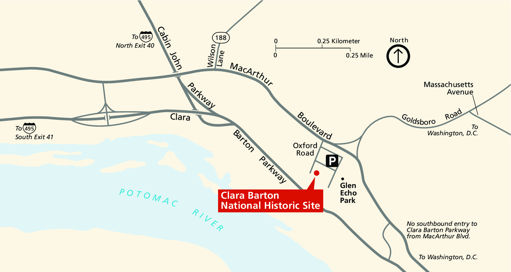 Map of Clara Barton National Historic Site in Maryland. The site is indicated with a red dot north of the Potomac River, which is represented in blue and curves across the bottom left corner of the map. The surrounding terrain is shown in tan.