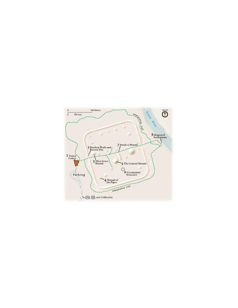 Map of Hopewell Culture National Historical Park in Ohio. About a dozen beige spherical mounds of varying sizes are contained within a rounded-square border. A green-dashed line representing an interpretive trail travels around the square and down the middle, from the visitor center on the left over to the Scioto River on the right.