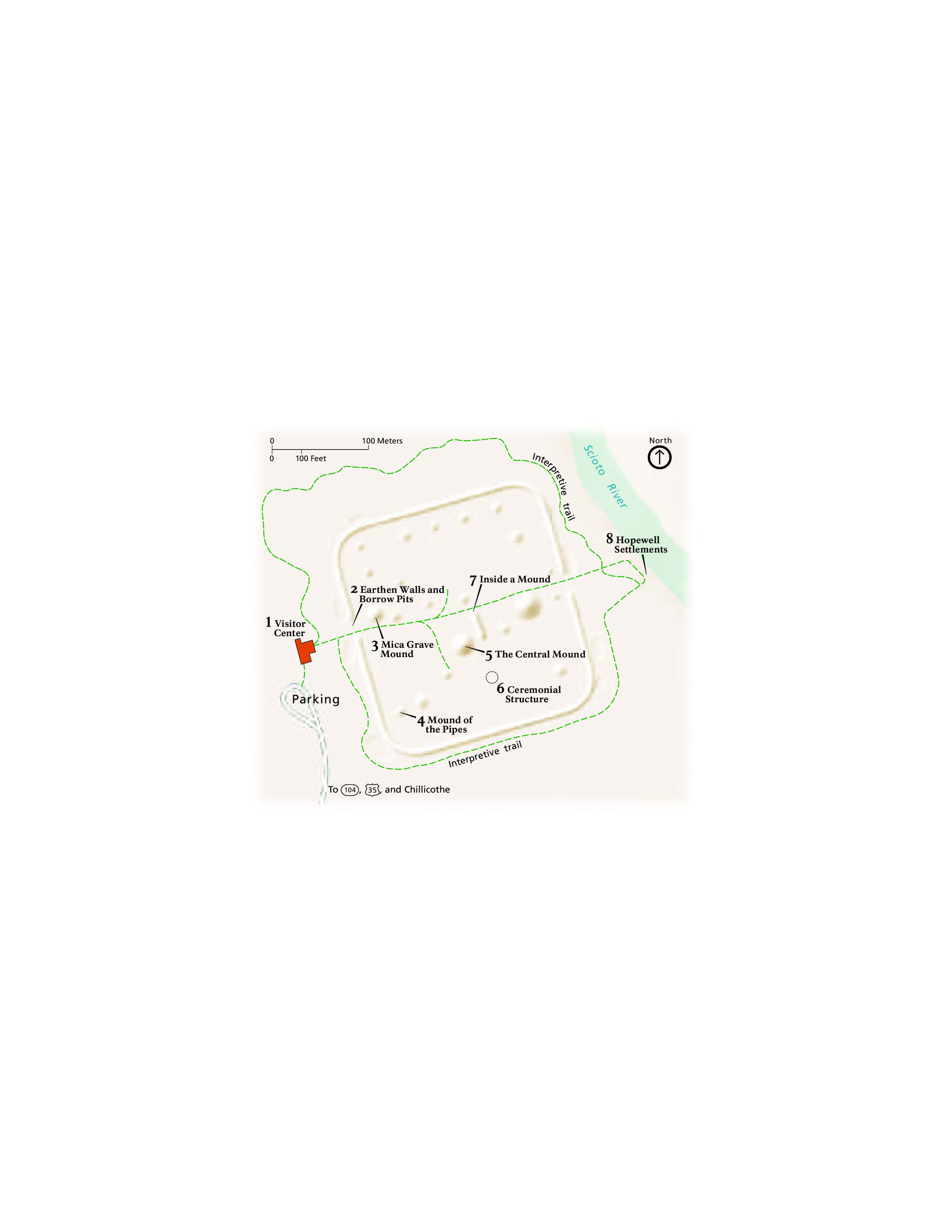 Map of Hopewell Culture National Historical Park in Ohio. About a dozen beige spherical mounds of varying sizes are contained within a rounded-square border. A green-dashed line representing an interpretive trail travels around the square and down the middle, from the visitor center on the left over to the Scioto River on the right.