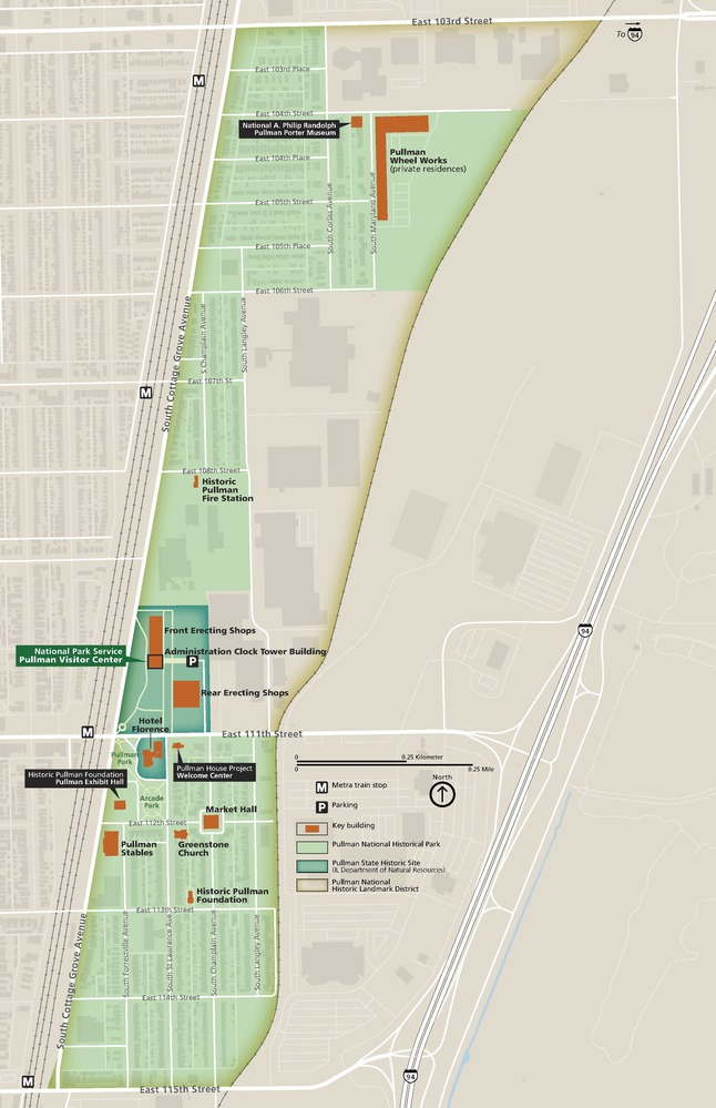 Map of Pullman National Historical Park in Illinois. The park is shown in green with the surrounding areas in tan and roads in white. Named buildings are shown in rust orange and others in gray.