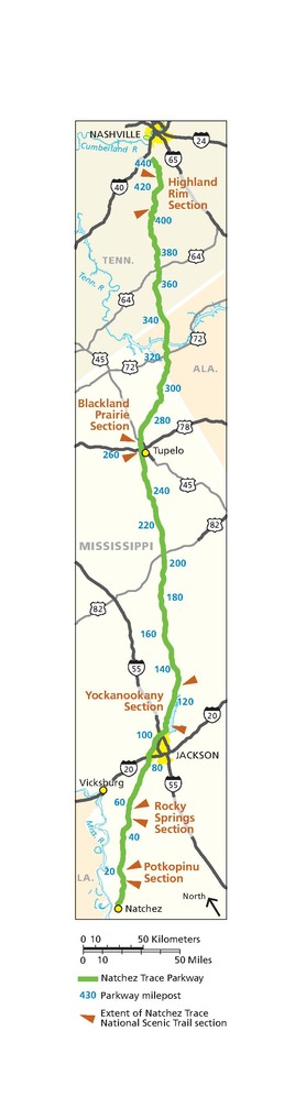 Map of Natchez Trace National Scenic Trail in Mississippi, Alabama, and Tennessee. Represented as a green line, the Natchez Trace Parkway curves down the map vertically from Interstate 40 at the top to Natchez at the bottom.