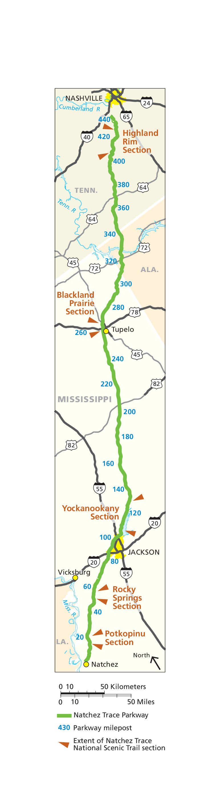 Map of Natchez Trace National Scenic Trail in Mississippi, Alabama, and Tennessee. Represented as a green line, the Natchez Trace Parkway curves down the map vertically from Interstate 40 at the top to Natchez at the bottom.