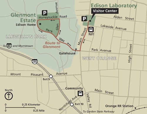 Area map of Thomas Edison National Historical Park in New Jersey. The park is highlighted in dark green with the surrounding Glenmont Estate in Llewellyn Park shown in a lighter shade of green. The rest of the map is shown in beige with roads and highways shown in gray.