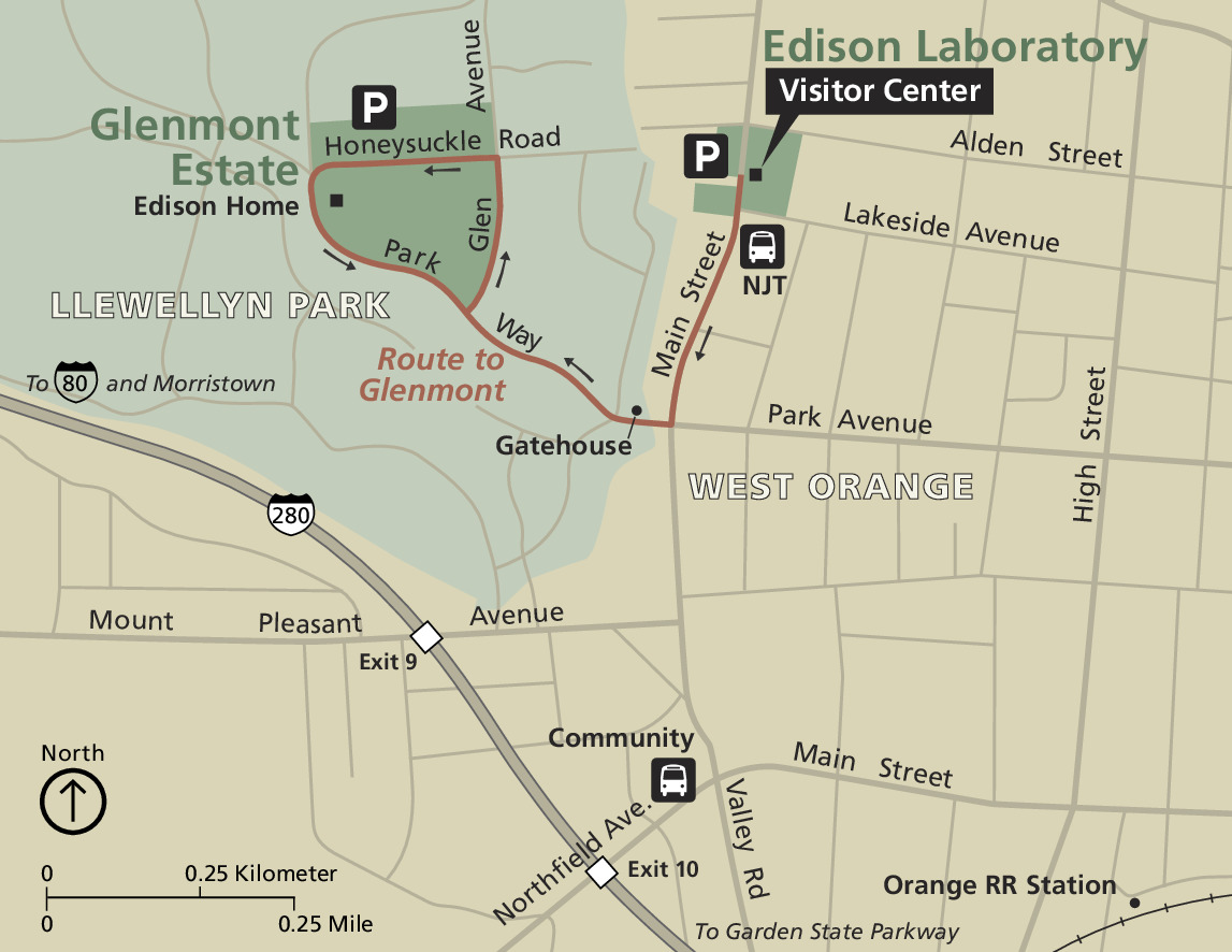 Area map of Thomas Edison National Historical Park in New Jersey. The park is highlighted in dark green with the surrounding Glenmont Estate in Llewellyn Park shown in a lighter shade of green. The rest of the map is shown in beige with roads and highways shown in gray.