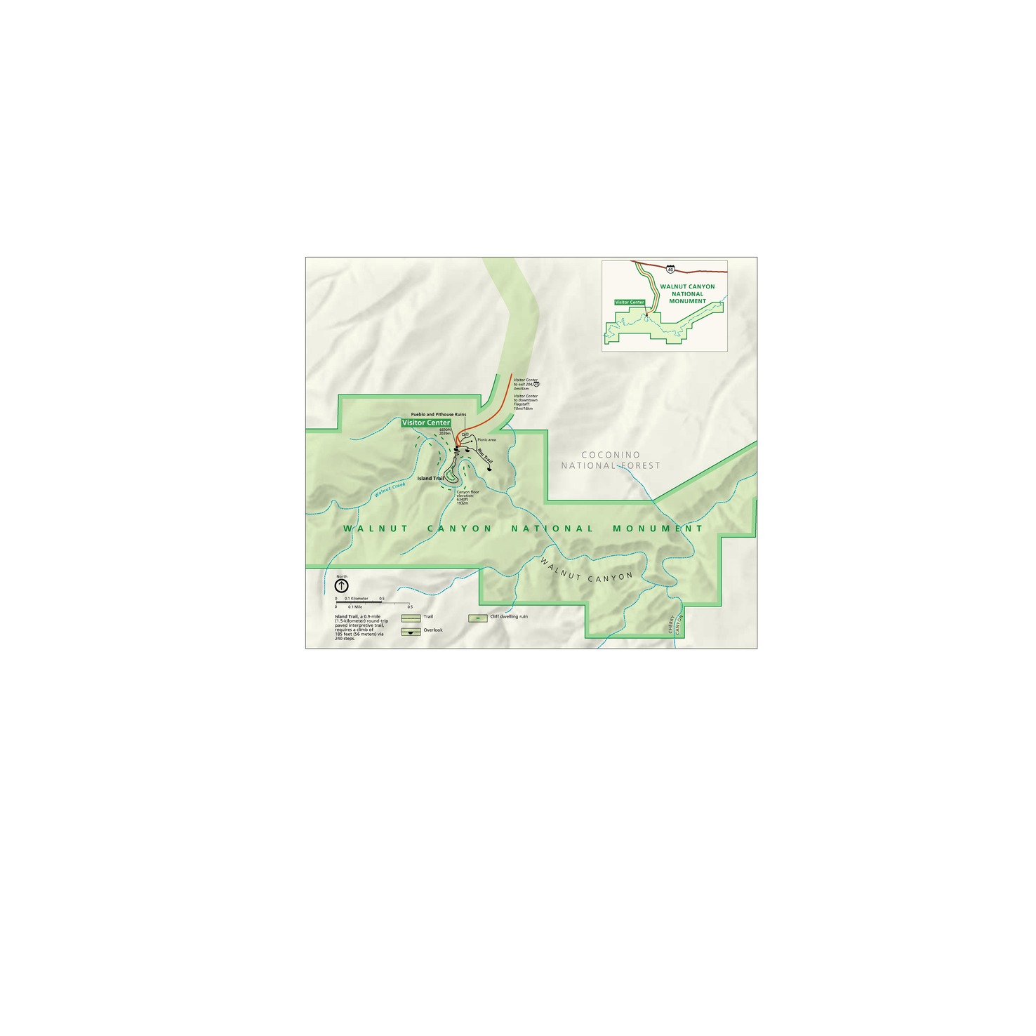 Map of Walnut Canyon National Monument in Arizona showing the canyon’s topography, visitor center, trails, ruins, and the Coconino National Forest to the north.