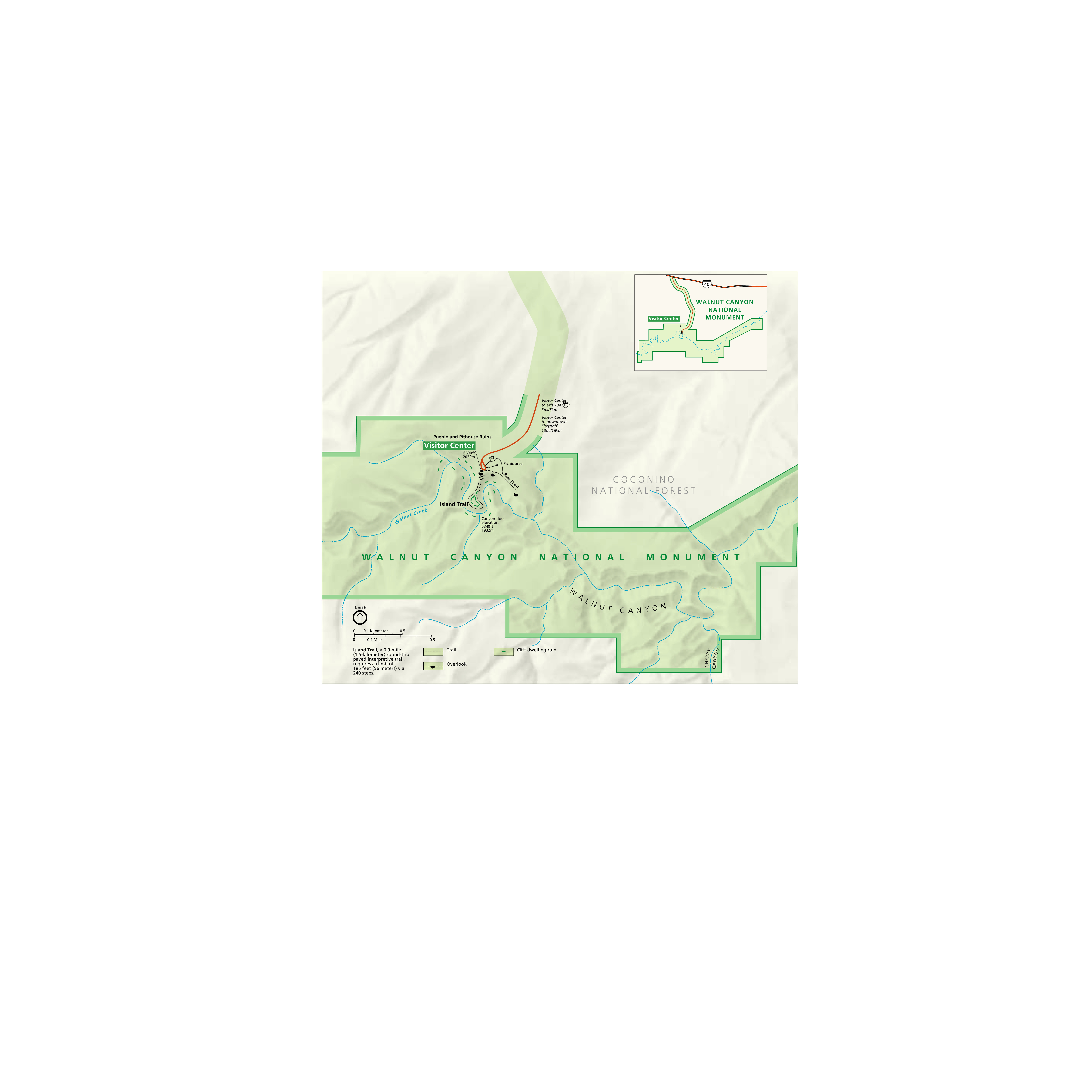 Map of Walnut Canyon National Monument in Arizona showing the canyon’s topography, visitor center, trails, ruins, and the Coconino National Forest to the north.