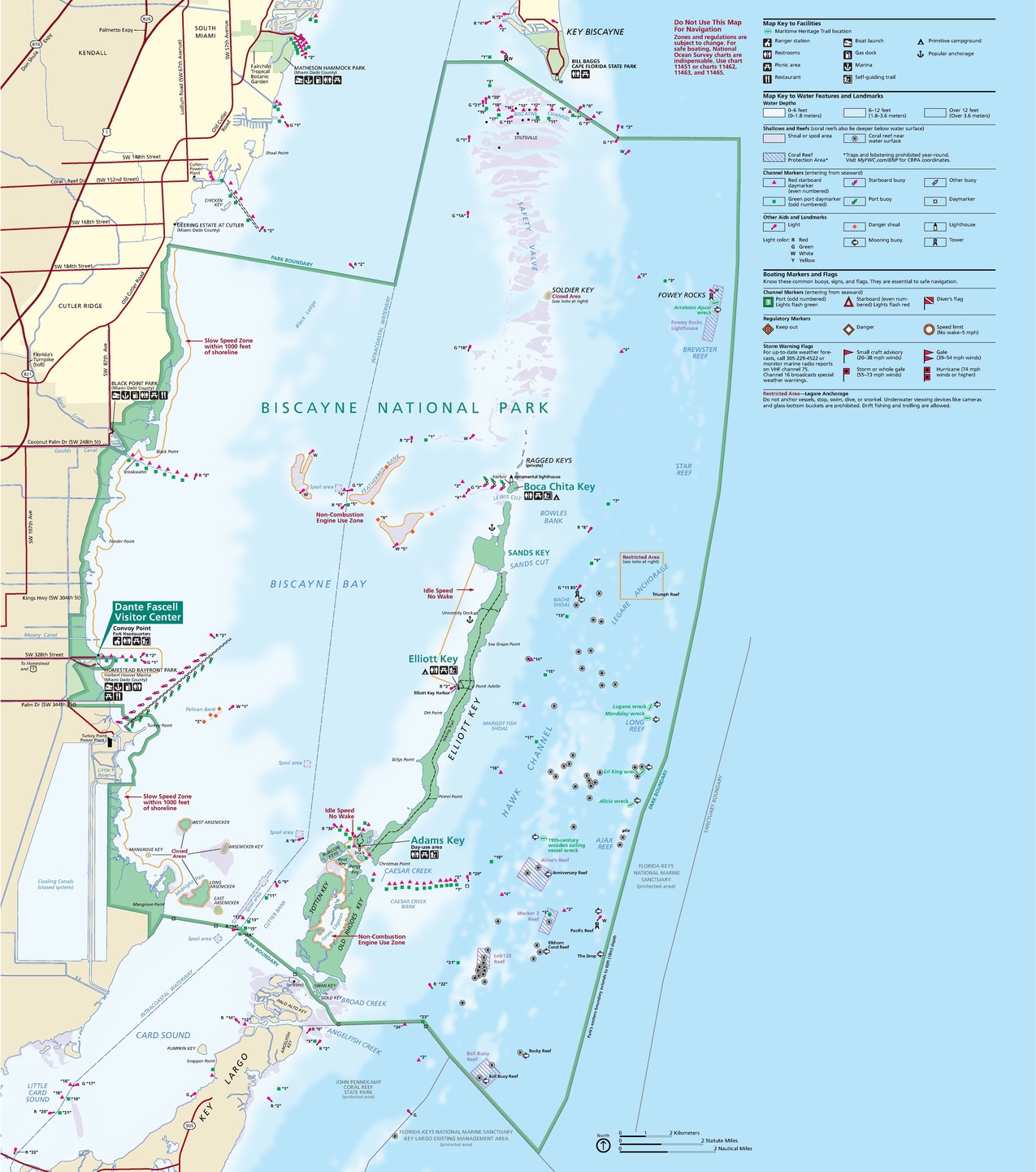 Map of Biscayne National Park in Florida. The park area, enclosed in a green rectangular shape with the top left corner removed, includes a sliver of coastline and the islands between Key Biscayne and Key Largo. Park areas are shown as green within the blue water, and surrounding land is beige.