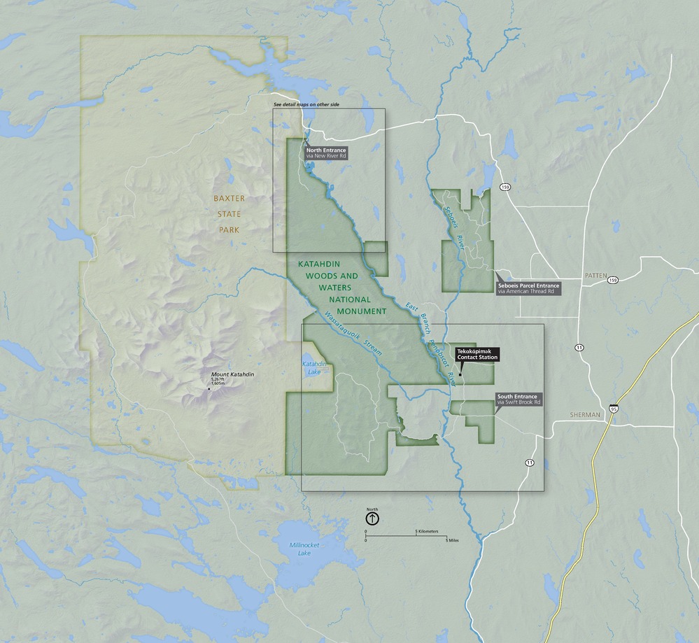 Map of Katahdin Woods and Waters National Monument in Maine. The monument is bordered and shaded in dark green against otherwise lighter green terrain. Water is shown as blue, and roads are represented with yellow or white lines.