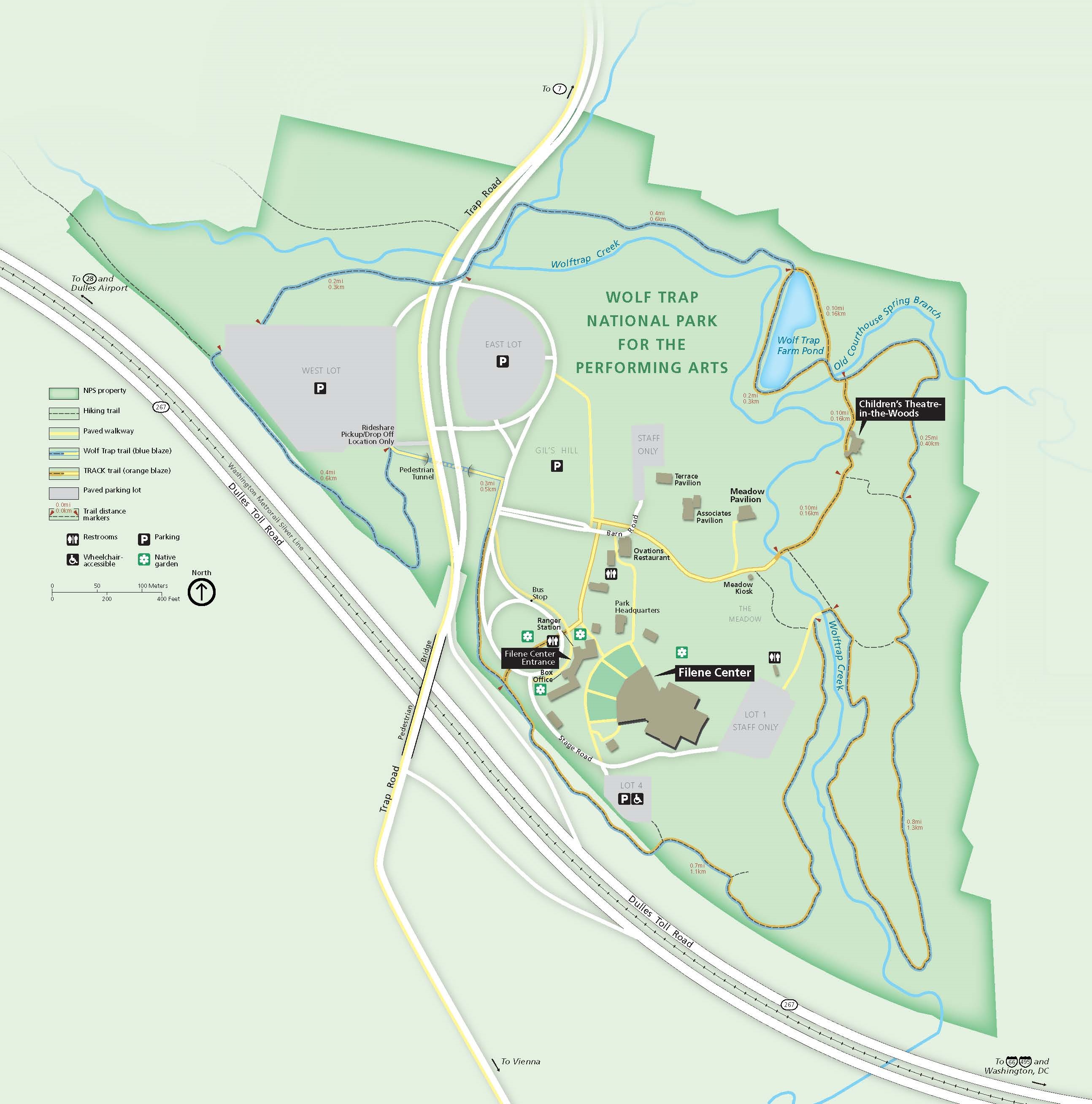 Map of Wolf Trap National Park for the Performing Arts in Virginia. The park grounds, shaded green against pale green surrounding lands, form a soft triangle following the bends of Dulles Toll Road.