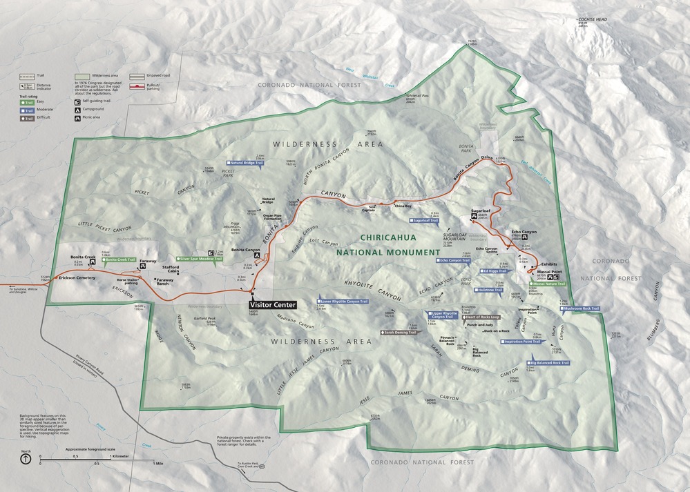 Map of Chiricahua National Monument in Arizona. Outlined in bright green, the roughly square-shaped area is shown in pale green with stepped edges along the southwest rim and mountainous terrain throughout.