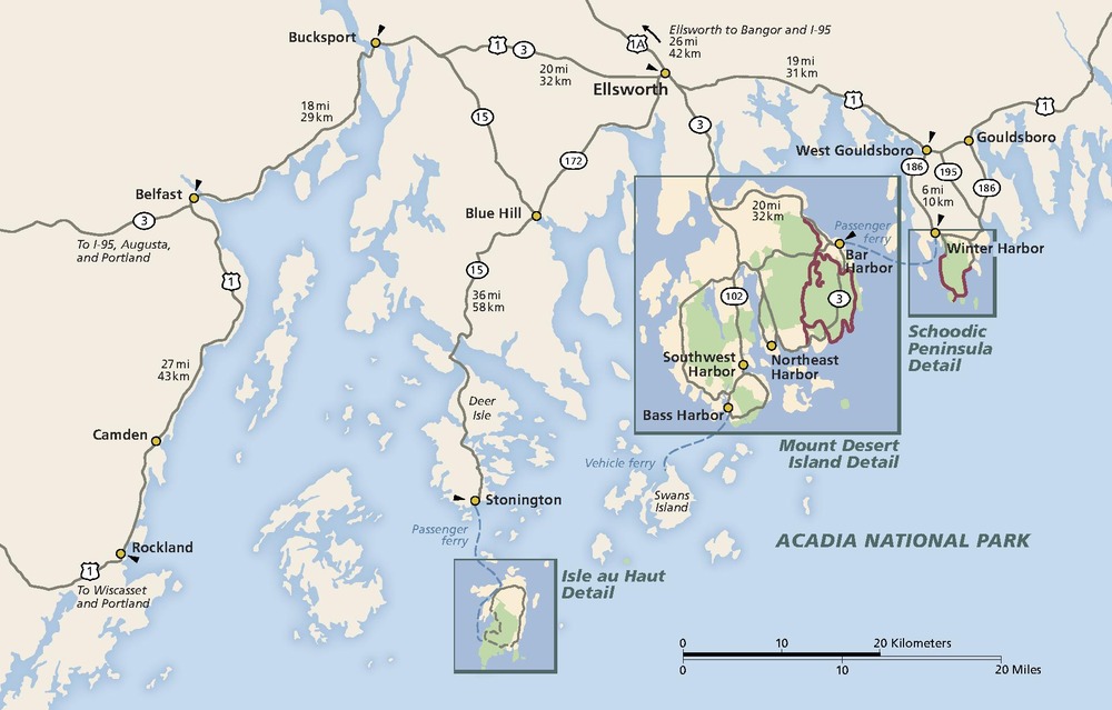 Map of Acadia National Park in Maine. Three park areas are shown in green on two separate islands and a peninsula off the coast. The jagged, beige-colored mainland, from Rockland on the west to Bucksport on the north to Gouldsboro on the east, hangs above the park areas and dozens of smaller islands.