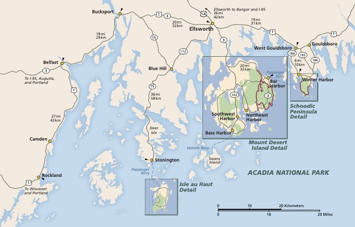 Map of Acadia National Park in Maine. Three park areas are shown in green on two separate islands and a peninsula off the coast. The jagged, beige-colored mainland, from Rockland on the west to Bucksport on the north to Gouldsboro on the east, hangs above the park areas and dozens of smaller islands.