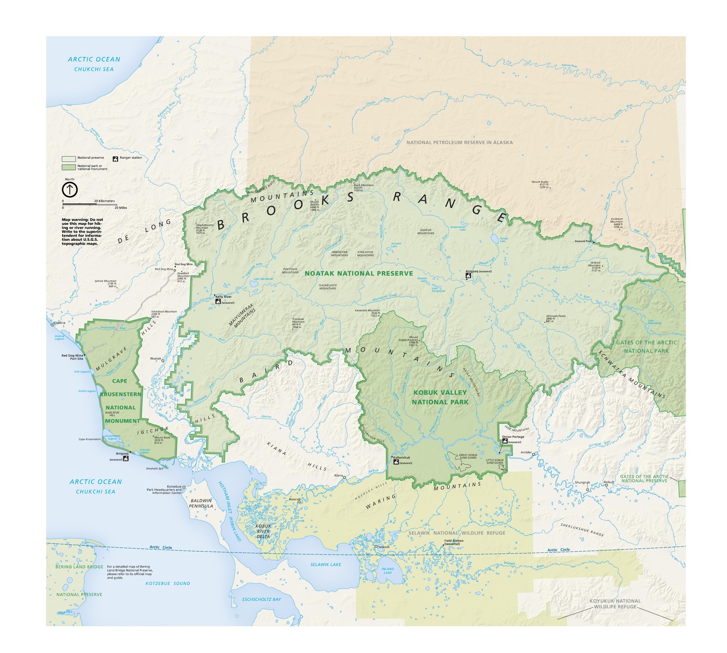 Map of Noatak National Preserve, Kobuk Valley National Park, and Cape Krusenstern National Monument in Alaska. Land covers most of the map area with blue segments of the Arctic Ocean in the northwest and southwest corners.