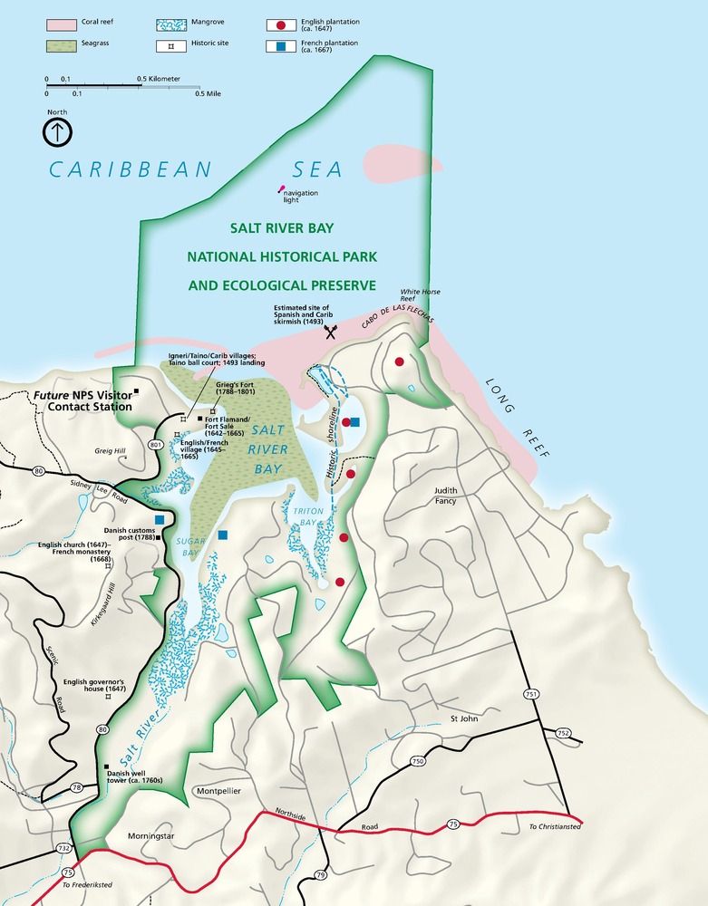 Map of Salt River Bay National Historical Park and Ecological Preserve on St Croix Island. The park is outlined in green, and surrounding terrain is beige. Coral reefs are shown in pink and seagrass in green among the blue Caribbean Sea.