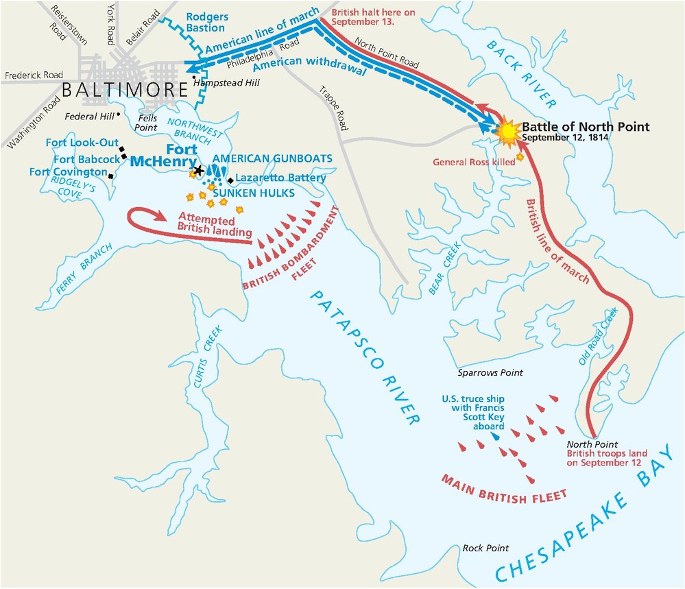 Map of the Battle of Baltimore at the Fort McHenry National Monument and Historic Shrine in Maryland. The Patapsco River cuts northwest up into Maryland to Baltimore, which is in the top left corner of the map. The river and other bodies of water are represented in pale blue and the land in beige.