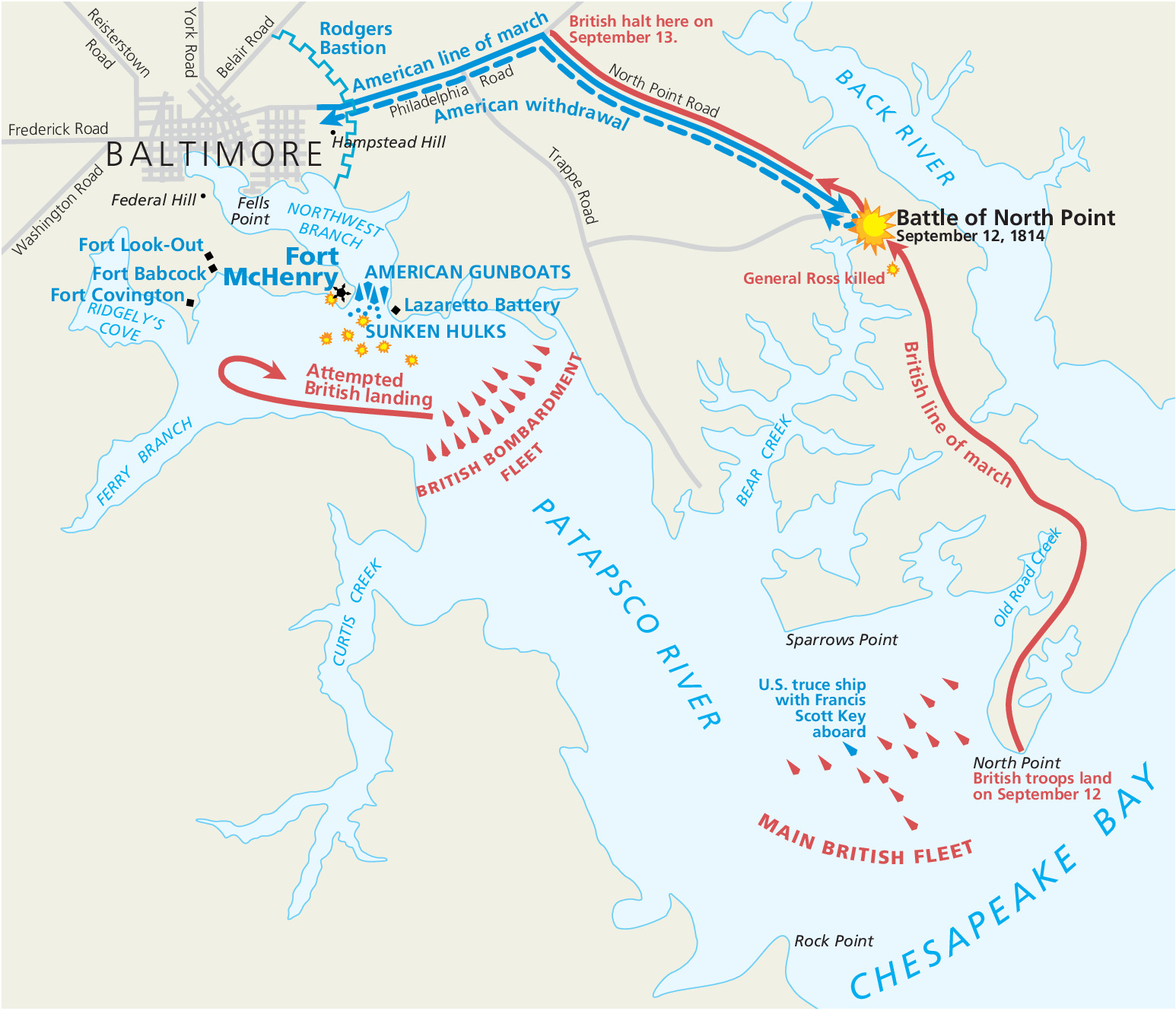 Map of the Battle of Baltimore at the Fort McHenry National Monument and Historic Shrine in Maryland. The Patapsco River cuts northwest up into Maryland to Baltimore, which is in the top left corner of the map. The river and other bodies of water are represented in pale blue and the land in beige.